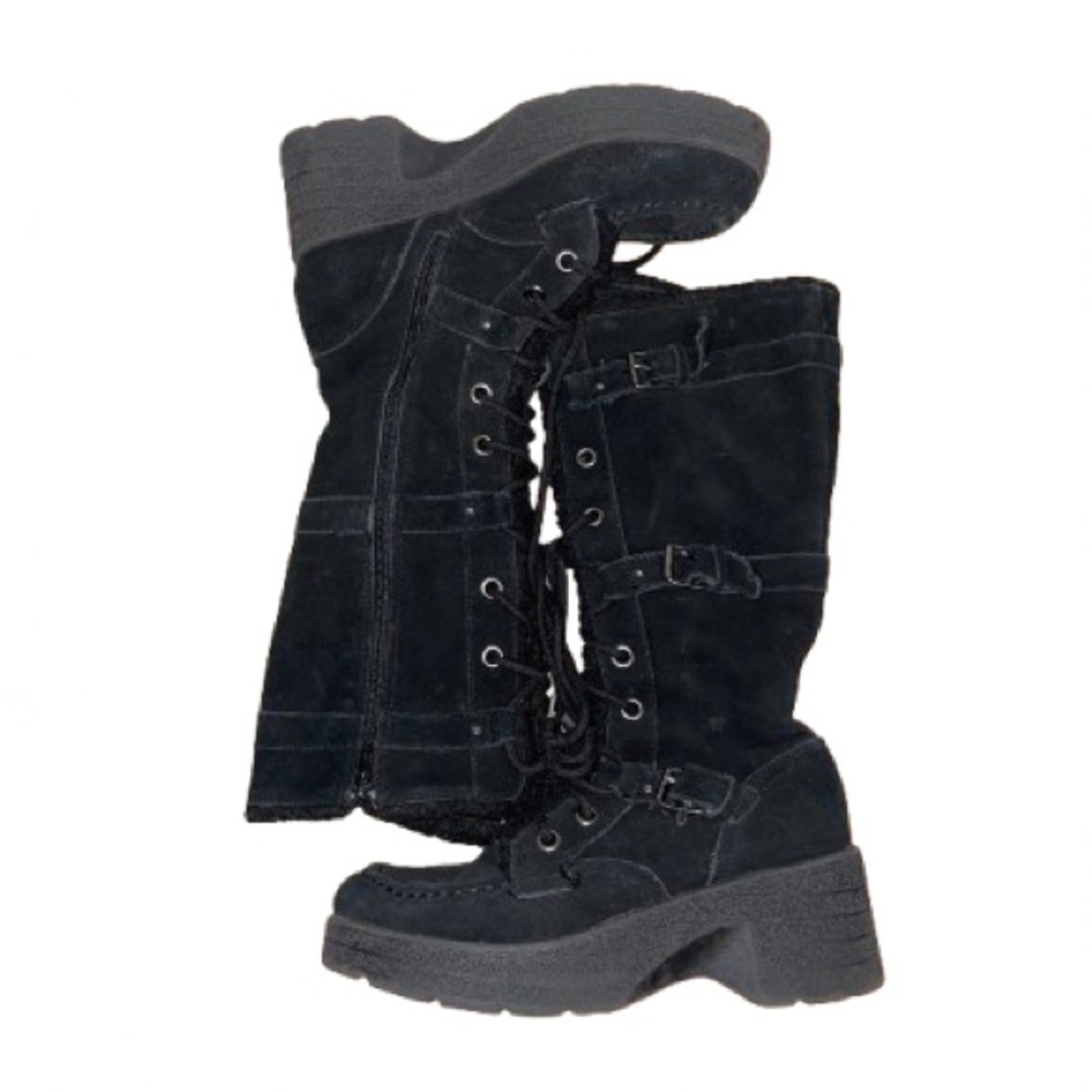 Black Lace Up Knee High Boots with Chunky Sole and Quilted Design